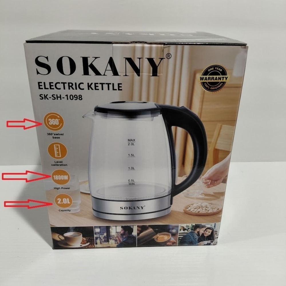 2.0L Large Electric Kettle Sokany 1800W Fast Glass LED Indicator Lights NIB NEW